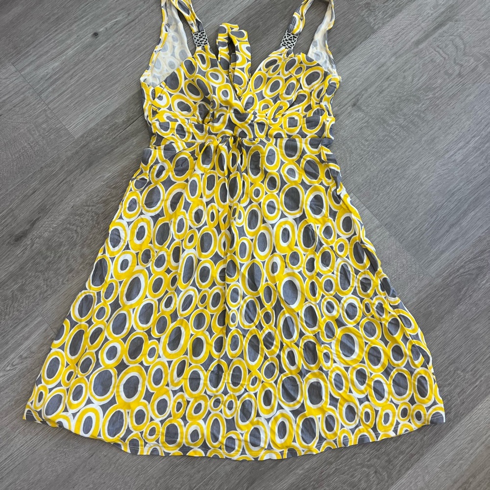 Trina Turk Yellow and Gray Circle Print Mini Dress
